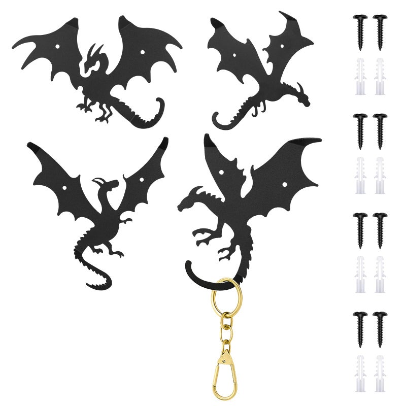 Otoolling 4 Pcs Dragon Wall Hooks Metal Dragon Key Holder Coat Rack Decorative Hanger Matte Black Fantasy Decor for Shelves Keys DIY Wall Organizers 4 Flying Designs Classic Style