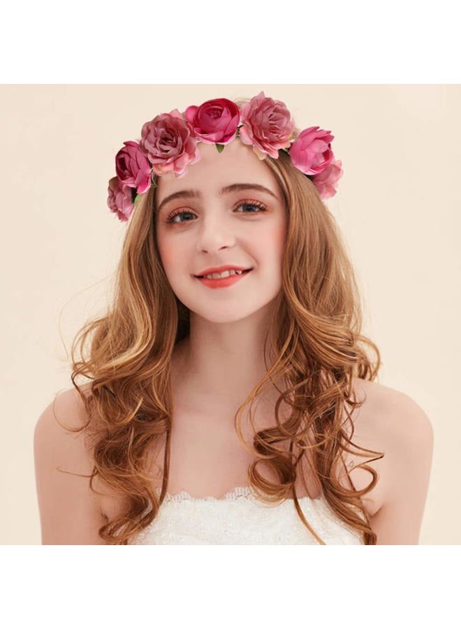 WLBON Flower Crown Headband Rose Wreath Garland Hair Bands Floral Wedding Bridal Hair Hoop Women Ladies Leaf Ribbon Party Decoration Headdress Headwear Christmas Handmade Headpiece Hair Accessories Pink - Image 2