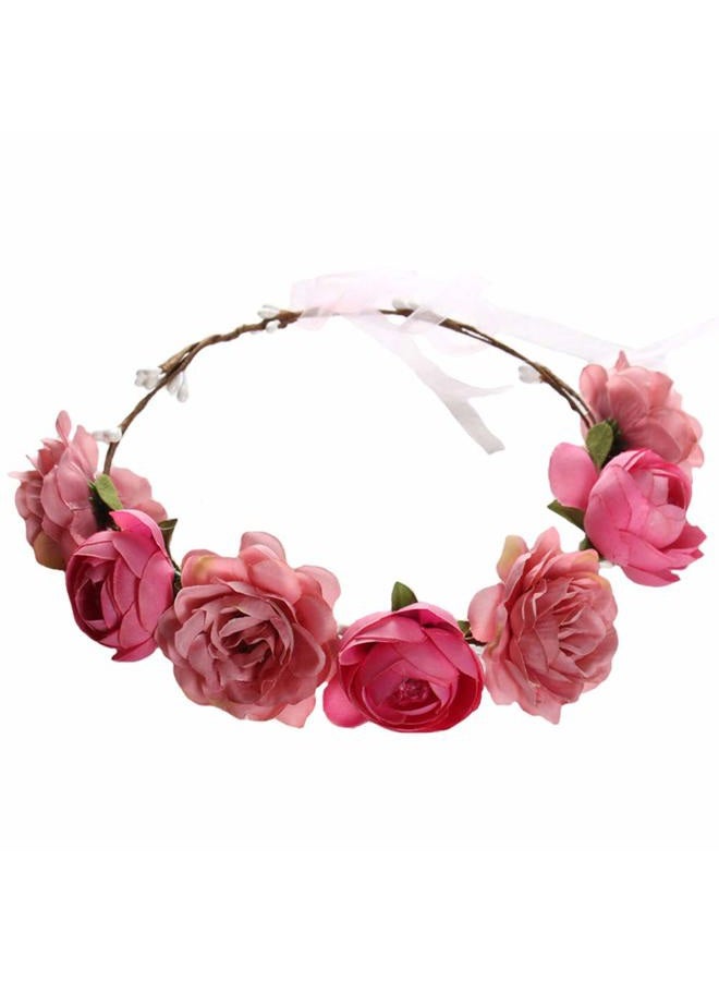 WLBON Flower Crown Headband Rose Wreath Garland Hair Bands Floral Wedding Bridal Hair Hoop Women Ladies Leaf Ribbon Party Decoration Headdress Headwear Christmas Handmade Headpiece Hair Accessories Pink - Image 1
