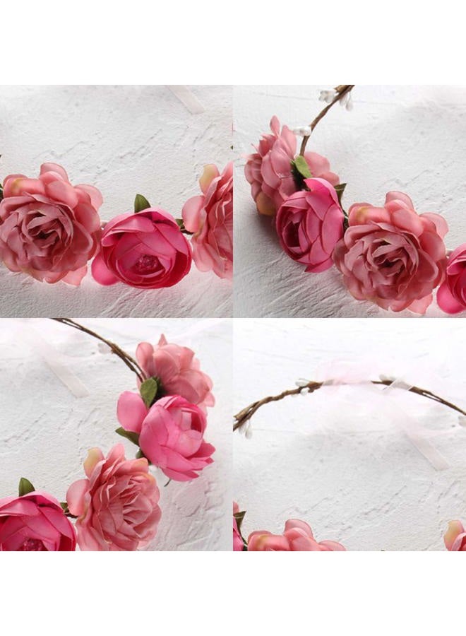 WLBON Flower Crown Headband Rose Wreath Garland Hair Bands Floral Wedding Bridal Hair Hoop Women Ladies Leaf Ribbon Party Decoration Headdress Headwear Christmas Handmade Headpiece Hair Accessories Pink - Image 5
