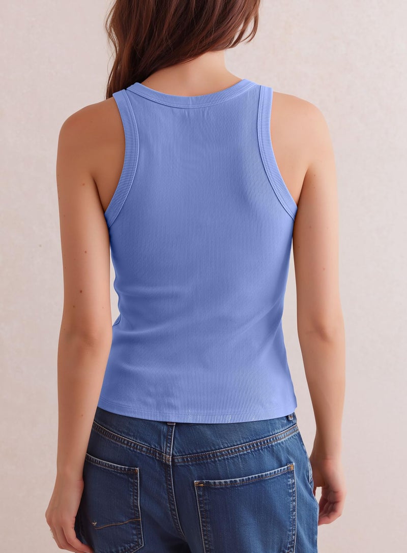 Darong Womens Workout Tank Tops High Crew Neck Racerback Going Out Crop 2026 Trendy Top Summer Sleeveless Ribbed Camisole 9238 Sky Blue M - Image 4