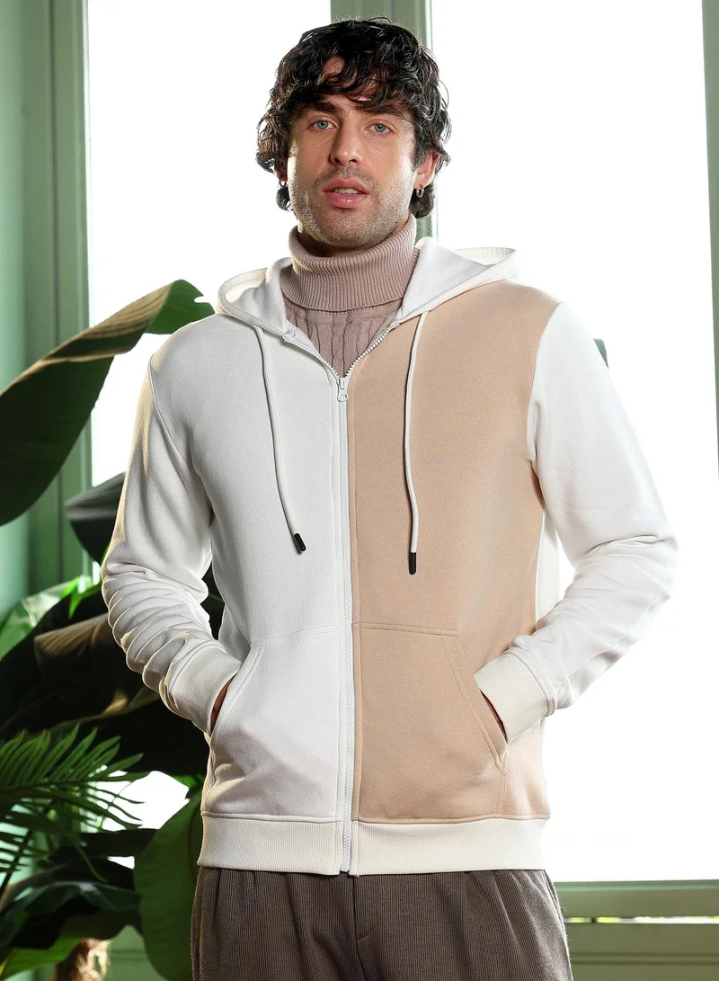 كامبوس سوترا هودي بسحاب أمامي بلونين | قماش محبوك كاجوال يومي بيج وكريمي