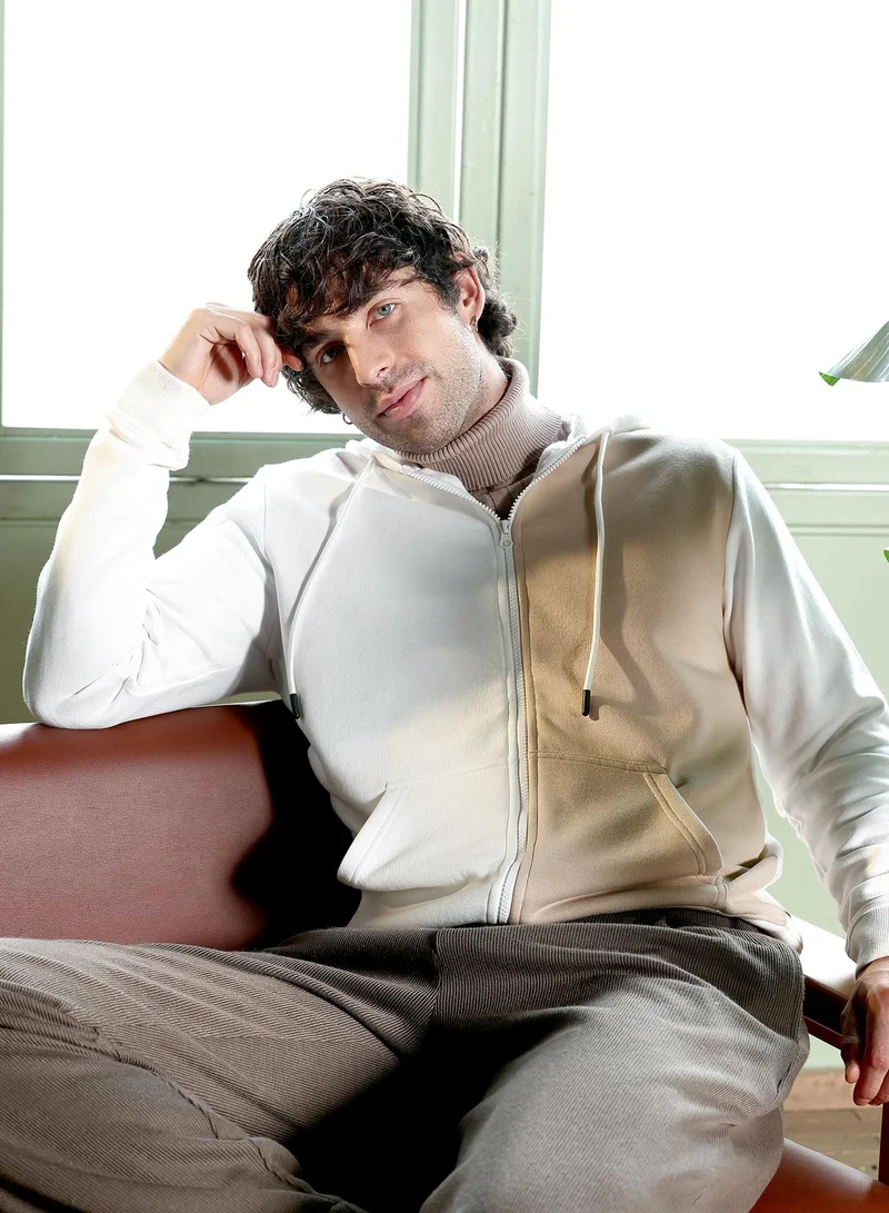 Men Duo-Tone Zip-Front Hoodie | Hooded Neck, Long Ribbed-Cuff Sleeves | Zipper , Ribbed-Straight Hem | Colourblock Fleece | Knitted Fabric For Casual & Daily Wear | Beige & Cream