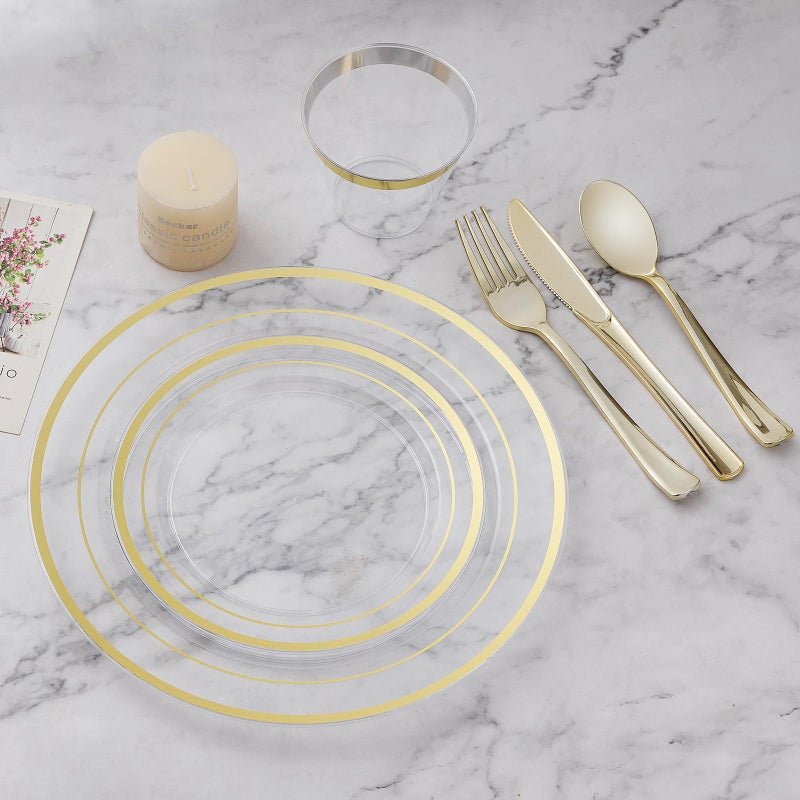 BESTVIP 200PCS Clear Gold Plastic Plate, Disposable Party Plates with 100 Dinner and 100 Dessert Plates, Plastic Plate for Party, Wedding and Birthday - Image 5