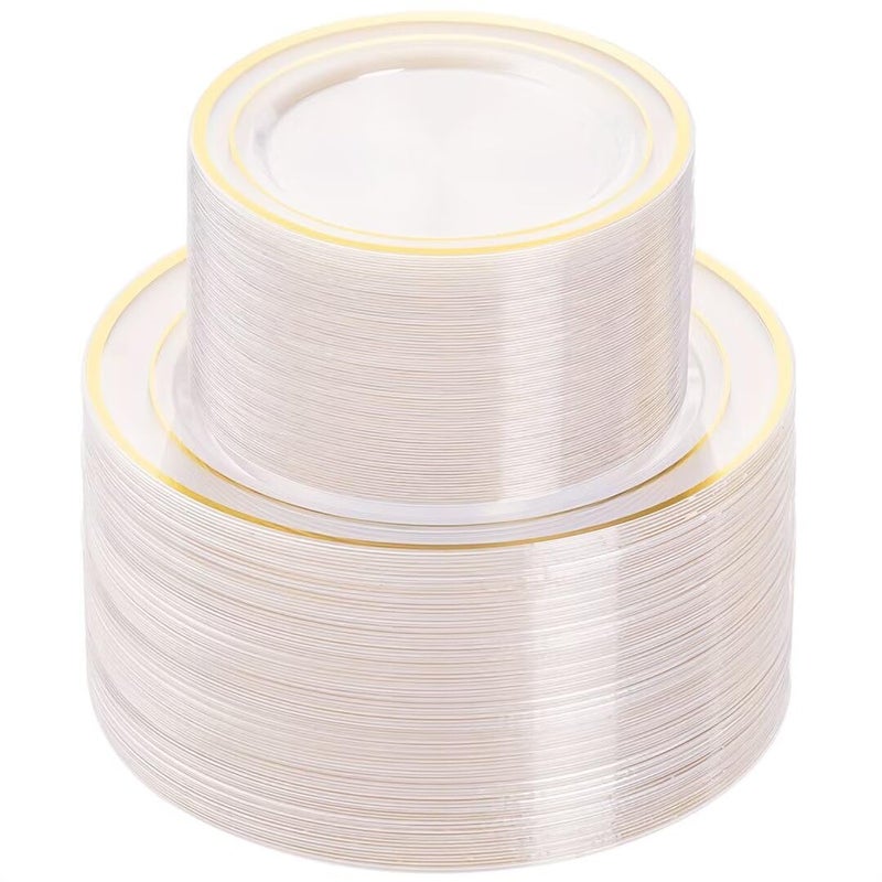 BESTVIP 200PCS Clear Gold Plastic Plate, Disposable Party Plates with 100 Dinner and 100 Dessert Plates, Plastic Plate for Party, Wedding and Birthday - Image 1