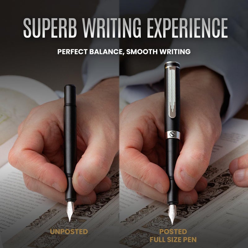 Scriveiner Luxury EDC Fountain Pen (Fine), Stunning Matt Black Pocket Pen, Chrome Finish, Schmidt German Nib, Converter, Best Writing Pen Gift Set for Men & Women, Nice Fancy Office Designer Pen - Image 5