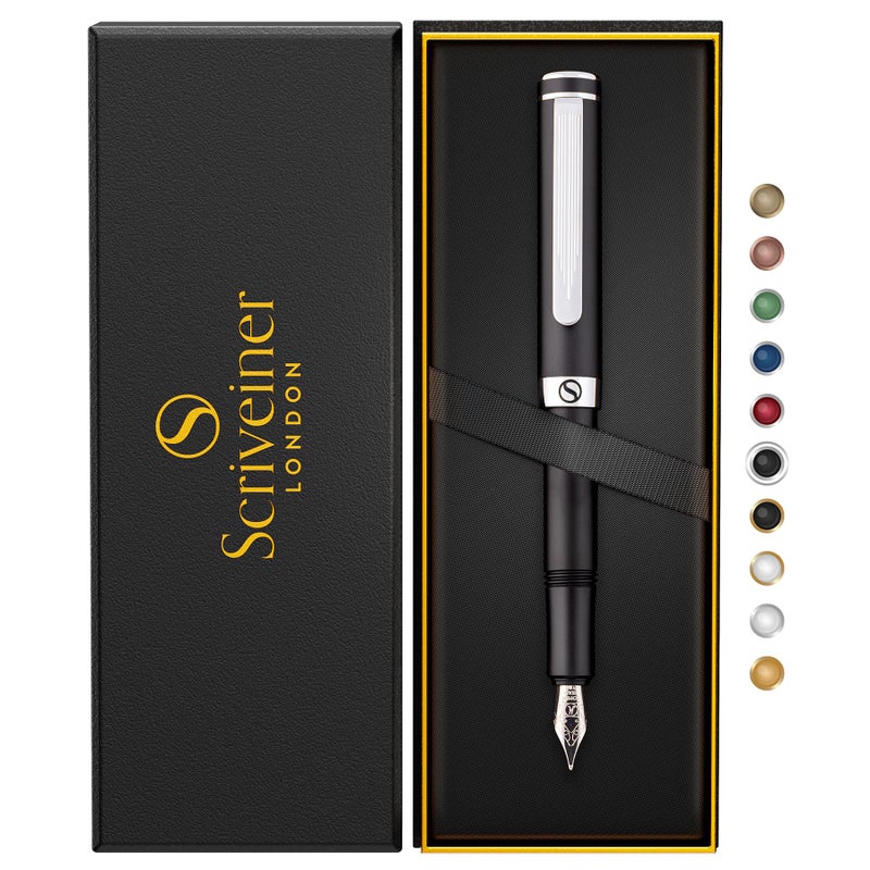 Scriveiner Luxury EDC Fountain Pen (Fine), Stunning Matt Black Pocket Pen, Chrome Finish, Schmidt German Nib, Converter, Best Writing Pen Gift Set for Men & Women, Nice Fancy Office Designer Pen - Image 1