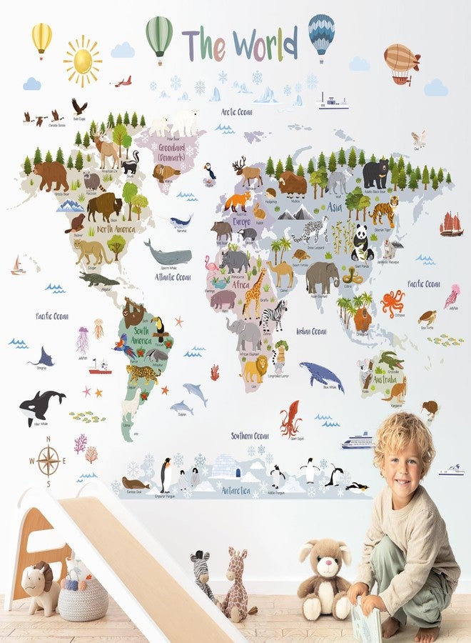 DECOWALL SG2-2516 Animal World Map Wall Stickers - Educational World Map Decals with Animals for Kids’ Room, Nursery & Playroom - Removable & Repositionable Wall Art - 105.2 × 83.2 cm / 41.4 × 32.7 in - Image 2
