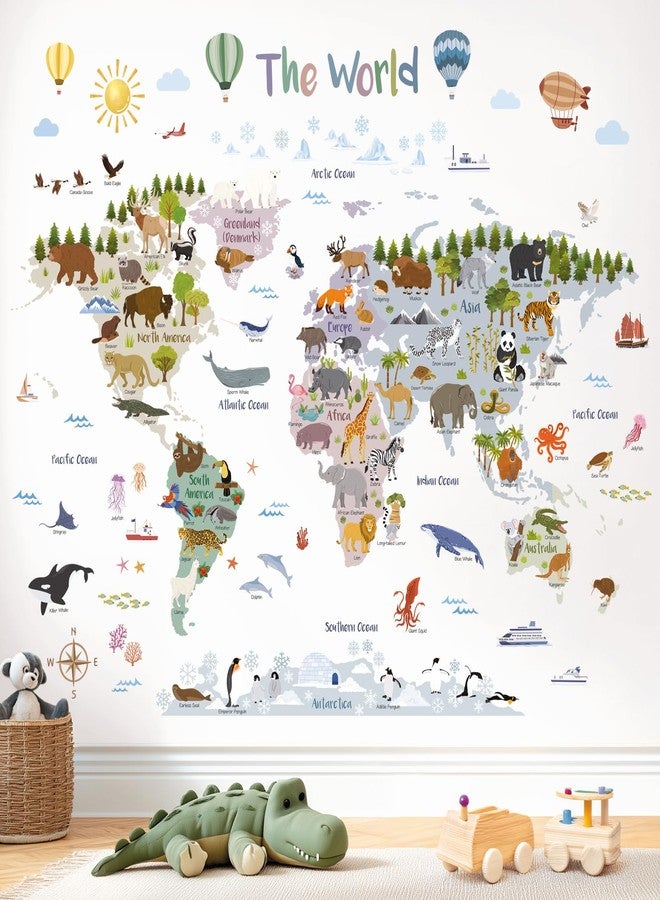 DECOWALL SG2-2516 Animal World Map Wall Stickers - Educational World Map Decals with Animals for Kids’ Room, Nursery & Playroom - Removable & Repositionable Wall Art - 105.2 × 83.2 cm / 41.4 × 32.7 in - Image 1