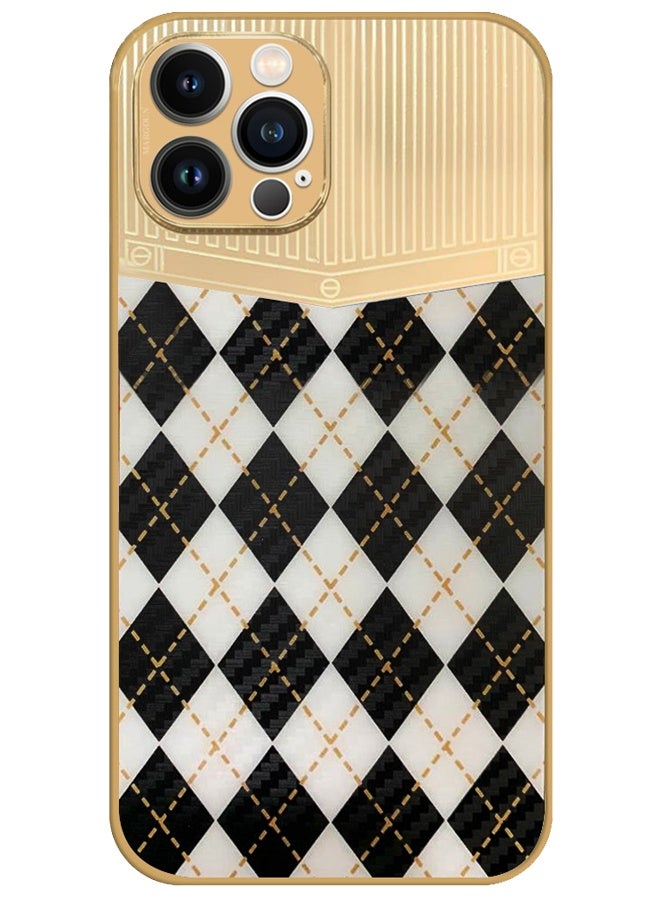 CATANES Luxury Gold Plated Case for iPhone 12 Pro Max - Hybrid Electroplated Frame Back Cover with Carbon Fiber Texture - Rhombus Pattern Black White - Image 1