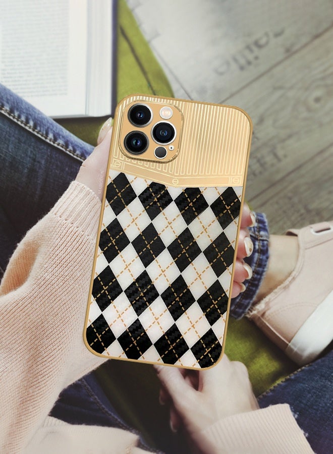 CATANES Luxury Gold Plated Case for iPhone 12 Pro Max - Hybrid Electroplated Frame Back Cover with Carbon Fiber Texture - Rhombus Pattern Black White - Image 5