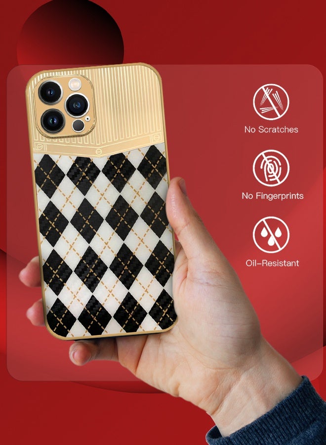 CATANES Luxury Gold Plated Case for iPhone 12 Pro Max - Hybrid Electroplated Frame Back Cover with Carbon Fiber Texture - Rhombus Pattern Black White - Image 4
