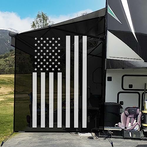 Tentproinc RV Awning Side Shade Screen 9 X 7  White American Flag Black Mesh Sunshade for Motorhome Camping Trailer Awning Sunscreen UV Sun Blocker  3 Year Warranty
