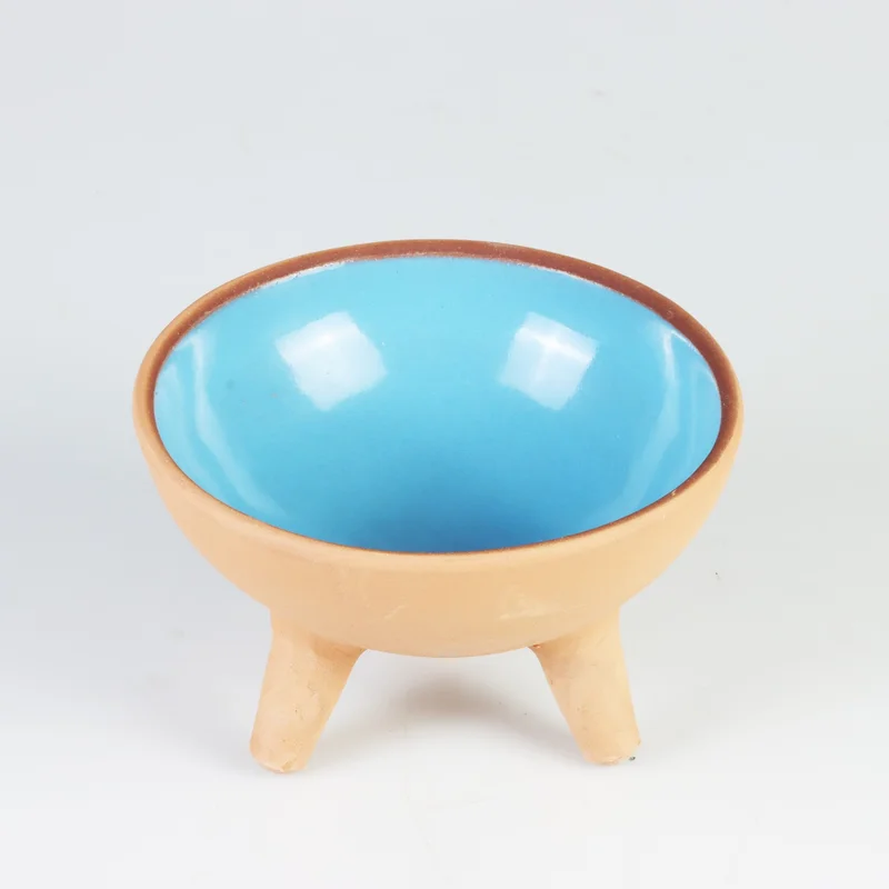Pikas Pottery Footed Glazed Ceramic Cat Food Bowl Blue