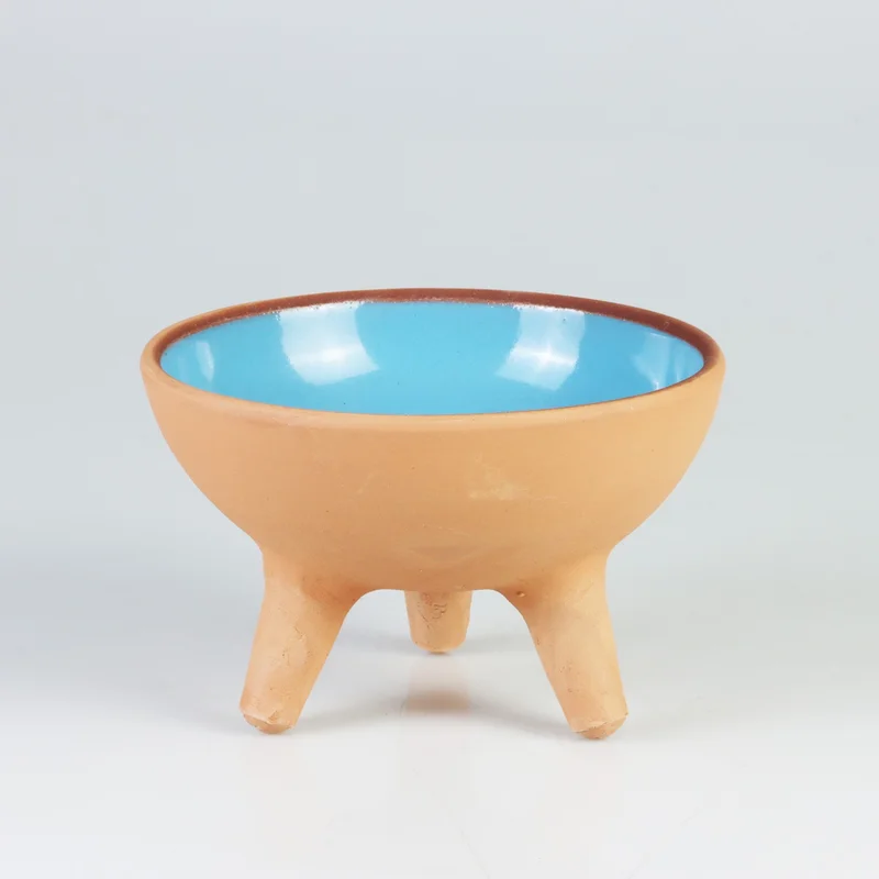 Pikas Pottery Footed Glazed Ceramic Cat Food Bowl Blue