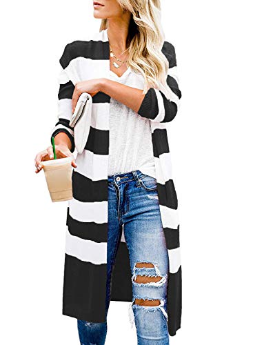 CARDYDONY Women Long Sleeve Striped Knit Open Front Sweater Coat Stripe Black XL - Image 1