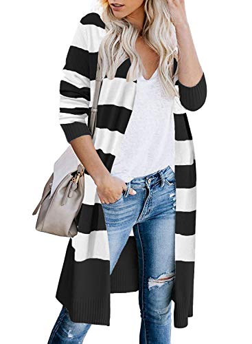 CARDYDONY Women Long Sleeve Striped Knit Open Front Sweater Coat Stripe Black XL - Image 2