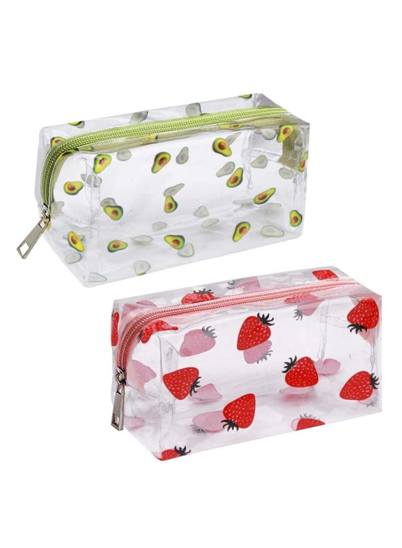 Clear Pencil Case, Fruit Cosmetic Bag PVC Makeup Travel Wash Pouch with Avocado and Strawberry Pattern for Women and Girls 2 Pcs - Image 1
