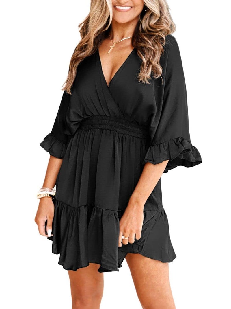 Aoysky Womens V Neck Casual Dresses Summer Loose High Waist Ruffle Pleated Cute Mini Short Dress Black - Image 2
