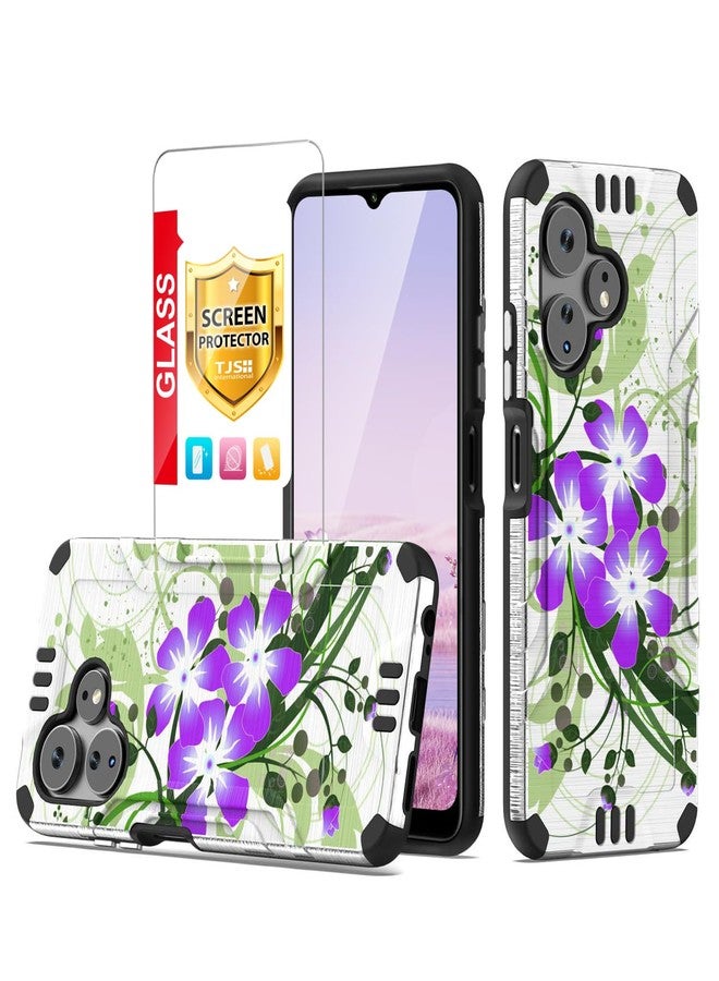 TJ's TJS Compatible for Boost Mobile Celero 5G + Plus 2024 (3rd Version) Case, Tempered Glass Screen Protector Hybrid Shockproof Metallic Brush Finish Celero3 5G + Phone Case (Green Floral) - Image 1