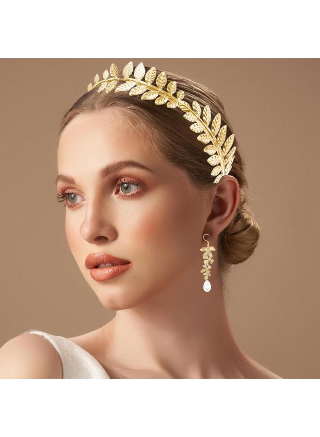 KOWVOWZ 5 Pieces Greek Goddess Costume Accessories Set, Greek Goddess Accessories With 1 Pcs Golden Leaf Crown Headband, 2 Pcs Dangle Earrings and 2Pcs Armband Bracelet for Bridal Bridesmaid Wedding Party - Image 4