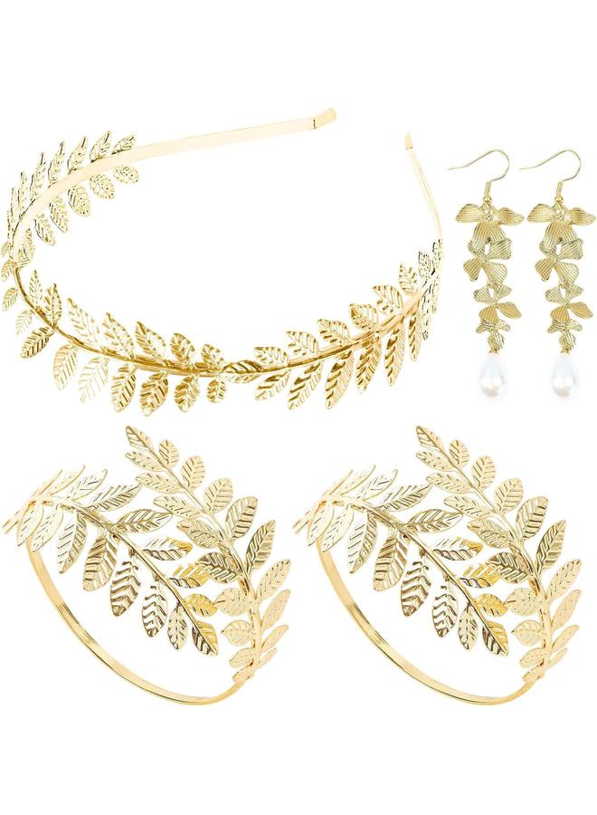KOWVOWZ 5 Pieces Greek Goddess Costume Accessories Set, Greek Goddess Accessories With 1 Pcs Golden Leaf Crown Headband, 2 Pcs Dangle Earrings and 2Pcs Armband Bracelet for Bridal Bridesmaid Wedding Party - Image 1