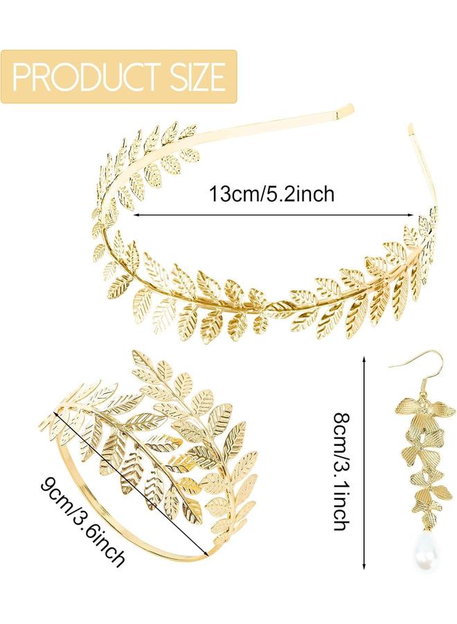 KOWVOWZ 5 Pieces Greek Goddess Costume Accessories Set, Greek Goddess Accessories With 1 Pcs Golden Leaf Crown Headband, 2 Pcs Dangle Earrings and 2Pcs Armband Bracelet for Bridal Bridesmaid Wedding Party - Image 3