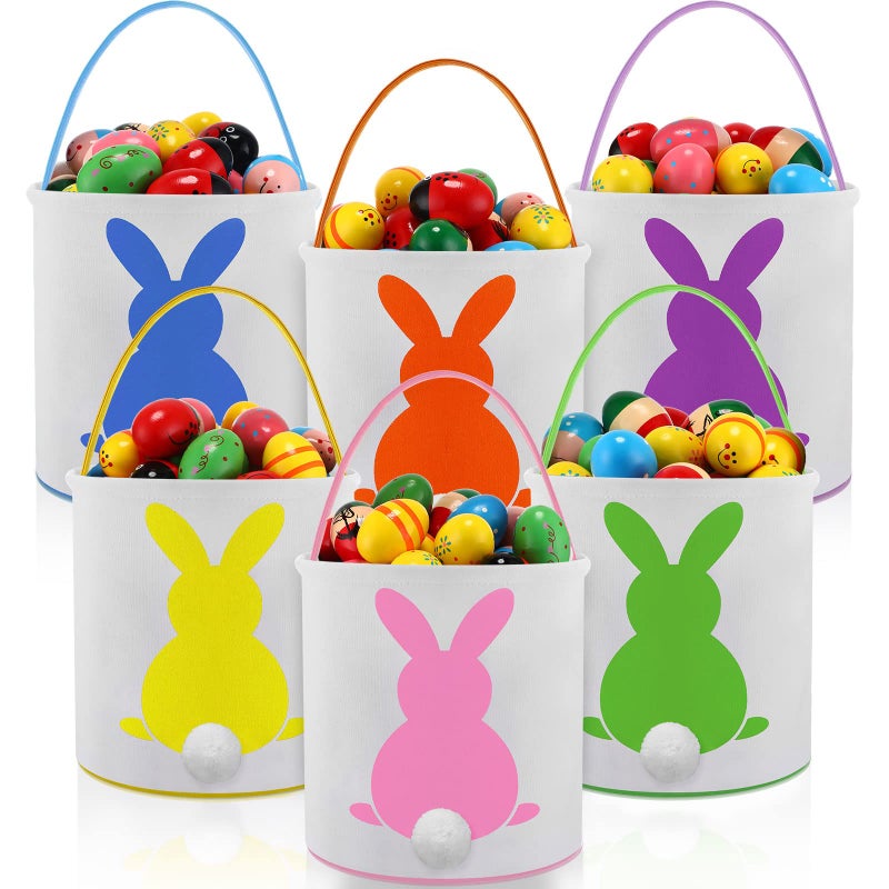 Honeydak Honeydak 6 Pcs Canvas Easter Bunny Baskets for Kids Bulk Tote Bunny Egg Hunt Bags Printed Fluffy Tails Carry Bucket Cloth Present Storage Party Decorations Favors 