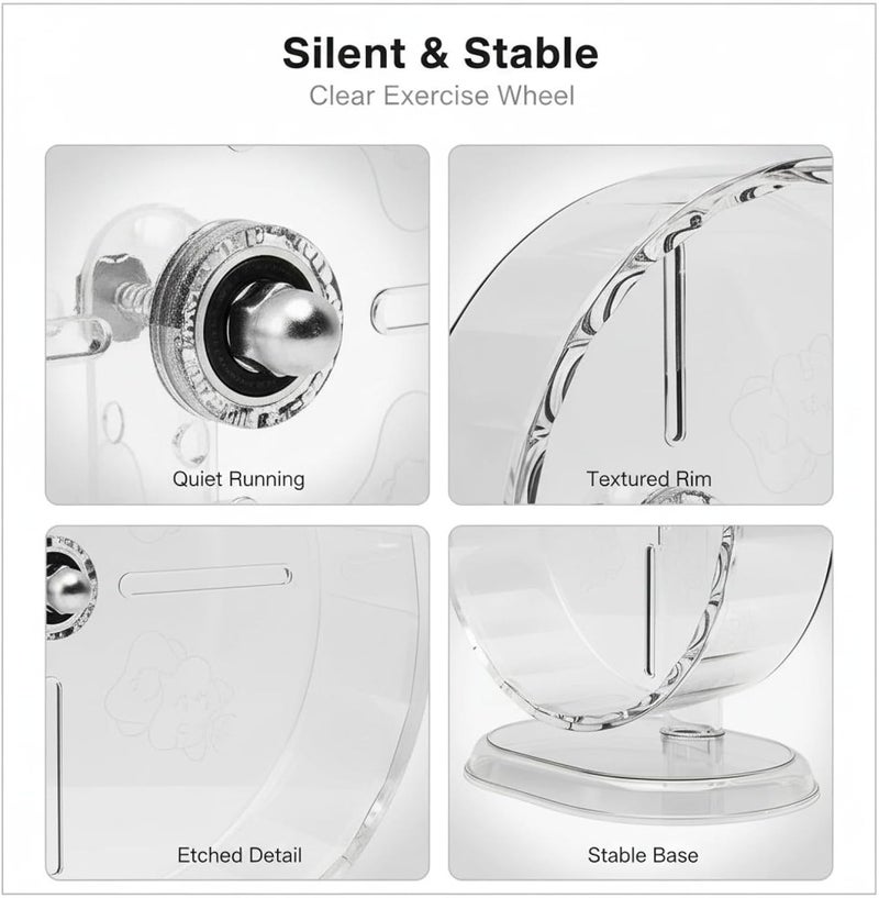 Silent 9.5 Inch Hamster Running Wheel, Clear Plastic Exercise Toy with Stand, for Syrian Hamsters, Easy to Clean, Promotes Movement, 9.4 in Diameter - Image 5