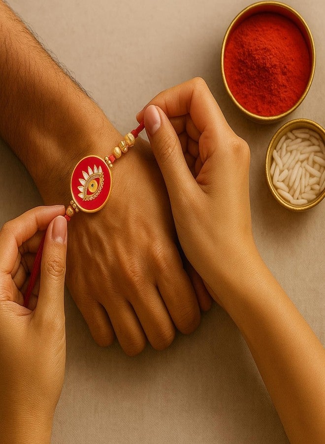 Sage Square Evil Eye Rakhi for Brother, Bhai with Roli Chawal | Raksha Bandhan | Designer Beads, Stones, Decorative Work | Stylish Handcrafted Rakhi Gifting for Sibling Festival Celebration (Type 6) - Image 3