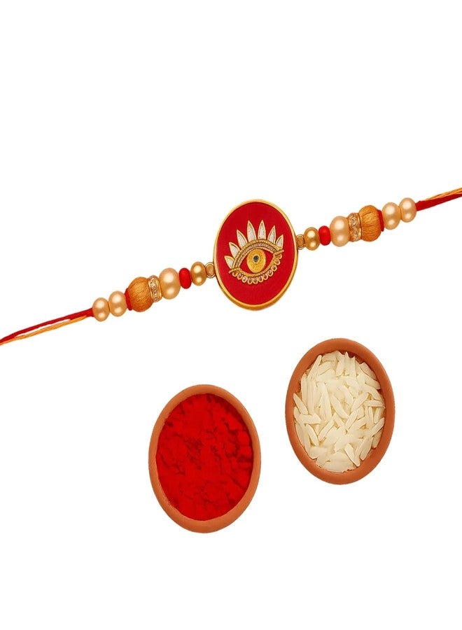 Sage Square Evil Eye Rakhi for Brother, Bhai with Roli Chawal | Raksha Bandhan | Designer Beads, Stones, Decorative Work | Stylish Handcrafted Rakhi Gifting for Sibling Festival Celebration (Type 6) - Image 1