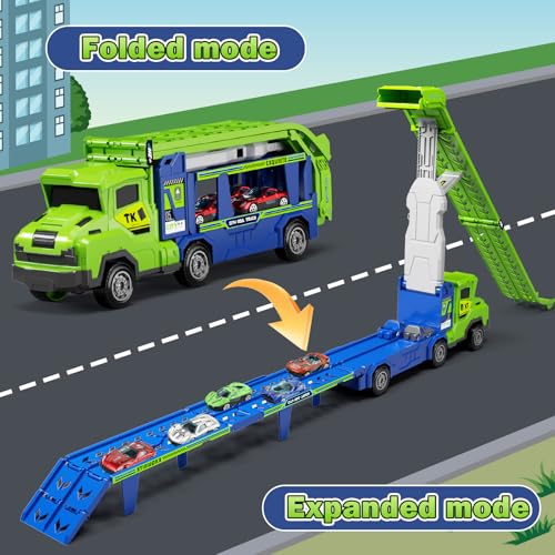 BainGesk Truck Car Toys for 3 4 5 6 Years Old Boys Girls 3 in 1 Carrier Truck with 2 Foldable Race Tracks Transport Car with 6 Metal Cars Birthday Toys Gifts for Toddlers - Image 5
