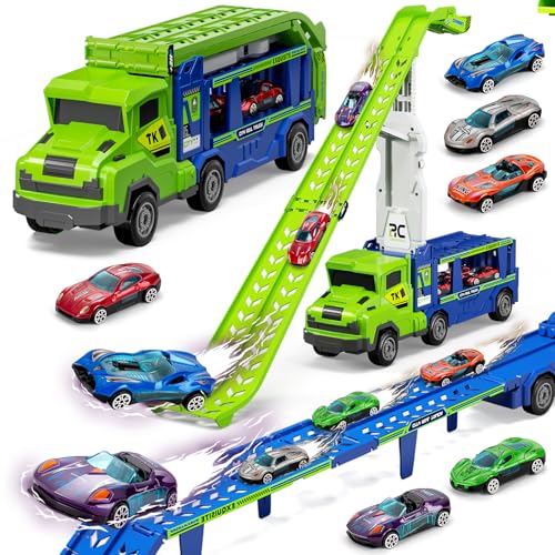 BainGesk Truck Car Toys for 3 4 5 6 Years Old Boys Girls 3 in 1 Carrier Truck with 2 Foldable Race Tracks Transport Car with 6 Metal Cars Birthday Toys Gifts for Toddlers - Image 1