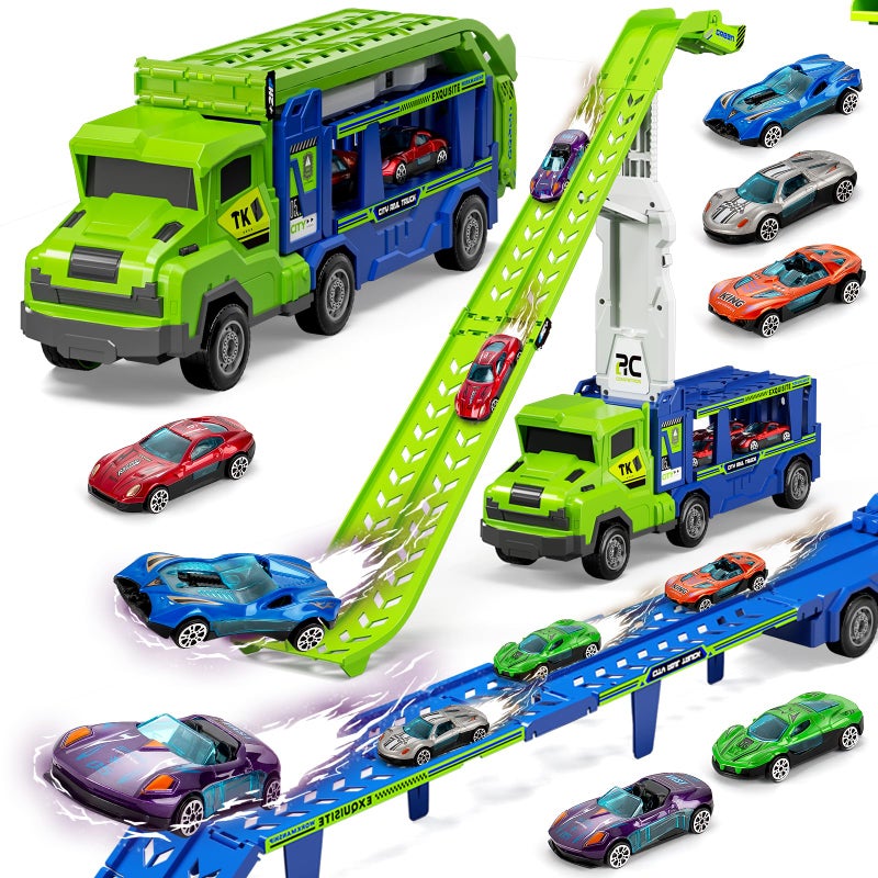 BainGesk Truck Car Toys for 3 4 5 6 Years Old Boys Girls 3 in 1 Carrier Truck with 2 Foldable Race Tracks Transport Car with 6 Metal Cars Birthday Toys Gifts for Toddlers - Image 3