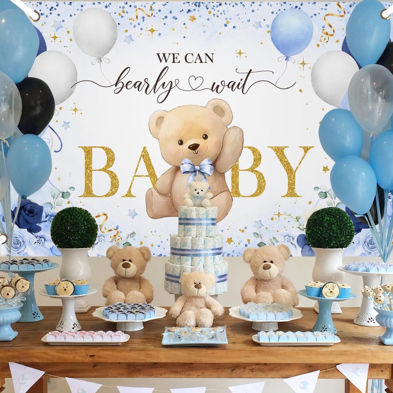 Avezano Bear Baby Shower Backdrop for Boy Blue Flower Balloons We can Bearly Wait Party Banner Bear Baby Shower Party Decorations Banner (6x3.6ft) - Image 3