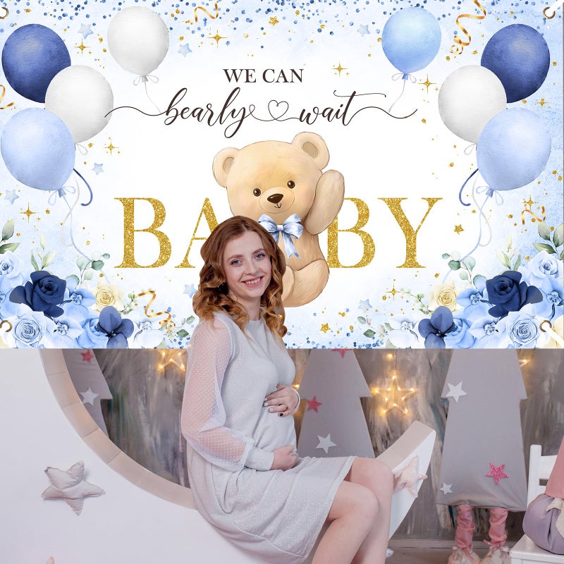 Avezano Bear Baby Shower Backdrop for Boy Blue Flower Balloons We can Bearly Wait Party Banner Bear Baby Shower Party Decorations Banner (6x3.6ft) - Image 5