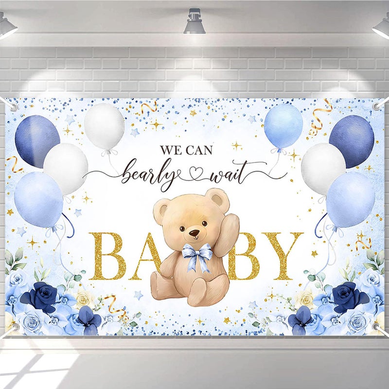 Avezano Bear Baby Shower Backdrop for Boy Blue Flower Balloons We can Bearly Wait Party Banner Bear Baby Shower Party Decorations Banner (6x3.6ft) - Image 1