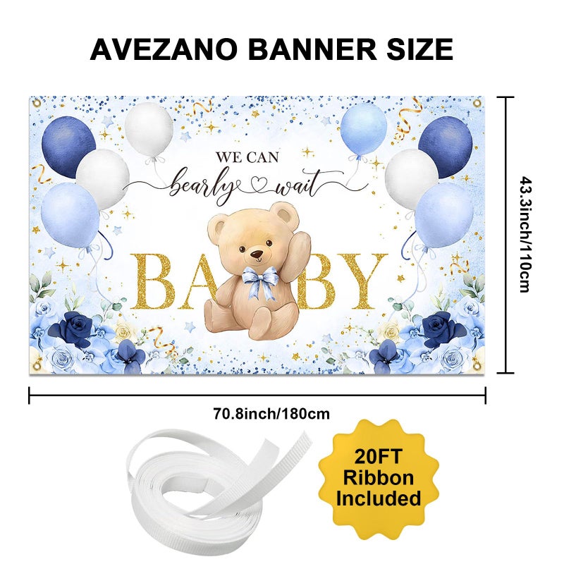 Avezano Bear Baby Shower Backdrop for Boy Blue Flower Balloons We can Bearly Wait Party Banner Bear Baby Shower Party Decorations Banner (6x3.6ft) - Image 2