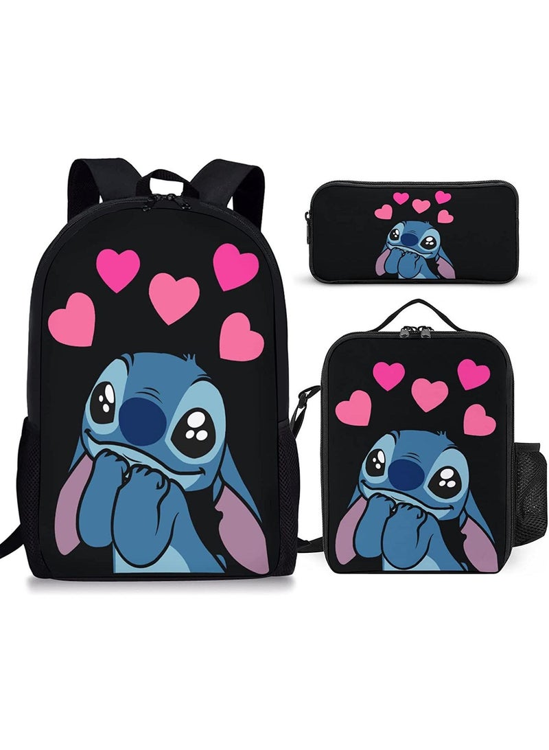 ZWX 3-Piece Cartoon Stitch 3D Print Kids Backpack Set - Image 1