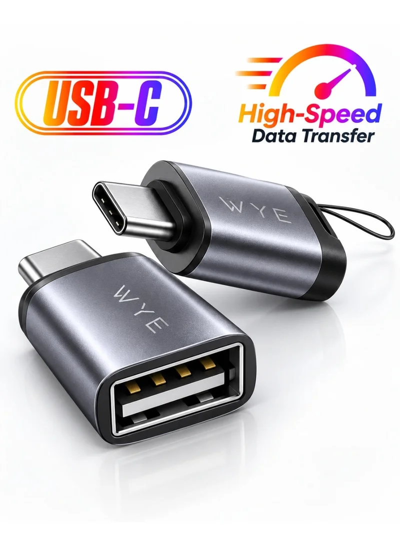 WYE FLOW USB-A to USB-C OTG Adapter, Data Transfer Converter with Aluminium Alloy Shell, Plug & Play, Anti-Loss Lanyard for Compatible USB-C Phones, Tablets & Devices - Silver