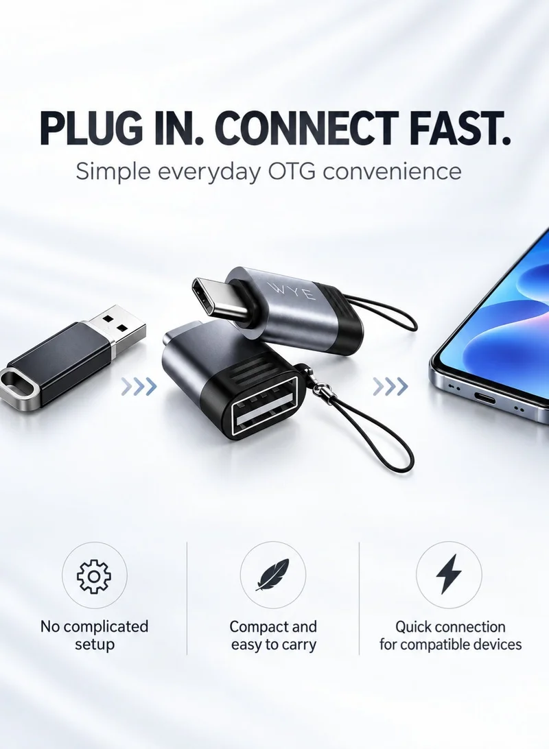 WYE FLOW USB-A to USB-C OTG Adapter, Data Transfer Converter with Aluminium Alloy Shell, Plug & Play, Anti-Loss Lanyard for Compatible USB-C Phones, Tablets & Devices - Silver