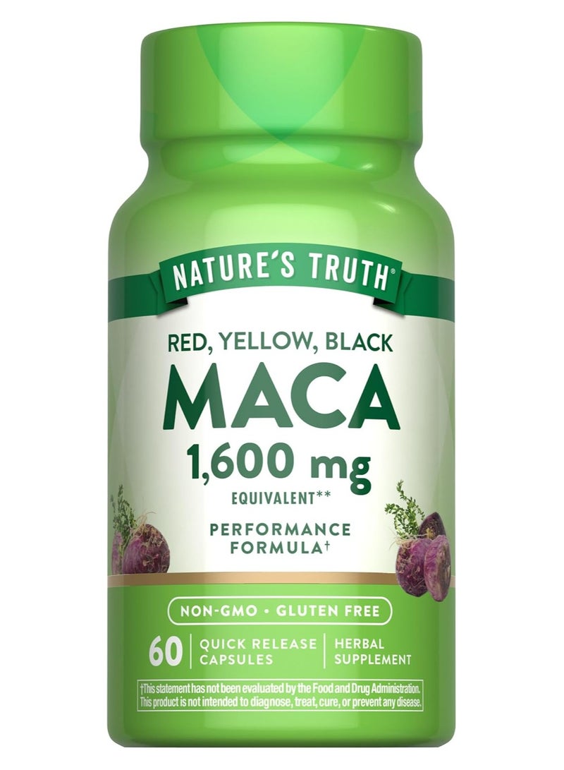 نايتشورز تروث تركيبة الأداء من الماكا الأحمر والأصفر والأسود بتركيز 1600 ملغ - 60 كبسولة سريعة الإطلاق - Image 1