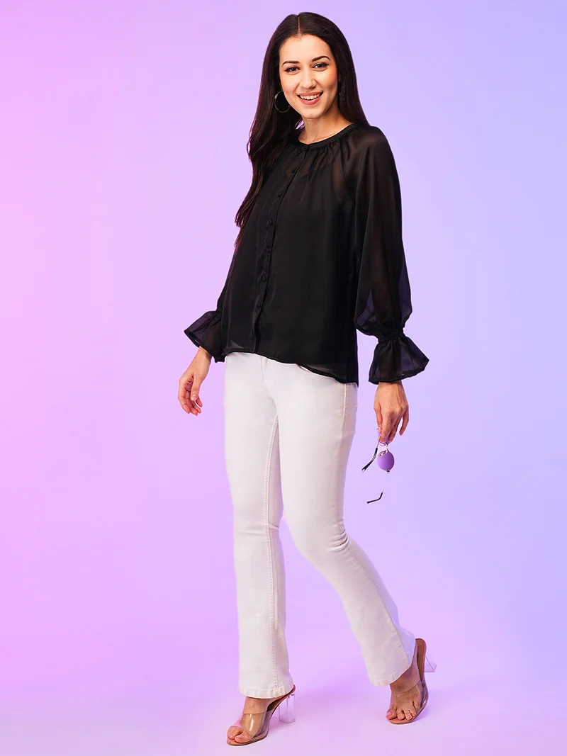 globus Women Black Crepe Shirt Style Top With Inner