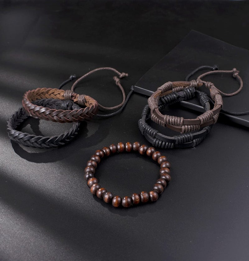 Tornito 15Pcs Braided Leather Bracelet Boho Cuff Wrap Wood Bead String Woven Ethnic Stretch Wristbands Bracelets Set for Men Women Size Adjustable - Image 5