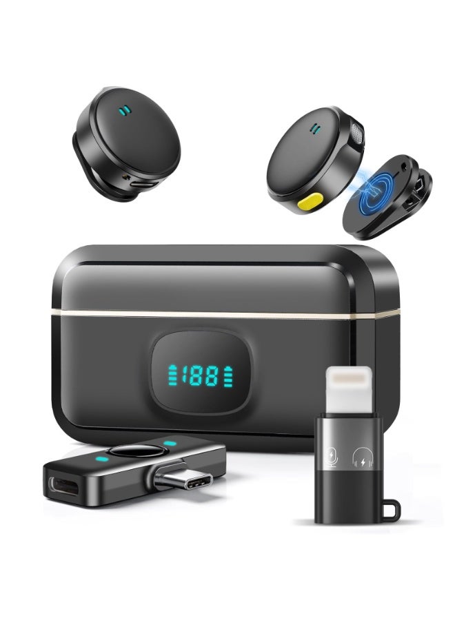 Wireless Lavalier Microphone for iPhone/Android, Mini Lapel Mic with Charging Case, Magnetic Clip, Noise Cancelling, 300FT Range, Condenser Mic for Stream, Vlog, TikTok and YouTube