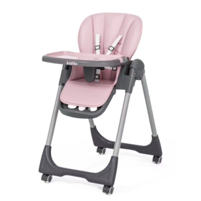 Kidilo Baby High Chair | Highchair with Lockable Wheels | Removable Feeding Tray with Cup Holder | 5-Point Safety Harness | Easy-Clean Padded Seat | Stable Frame | Compact Design for Baby & Toddler