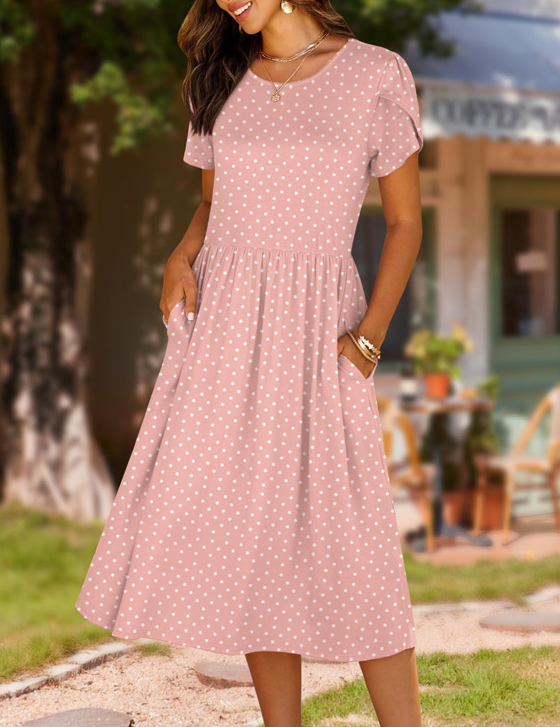 HOTOUCH Women's Summer Casual Short Sleeve Aline Midi Dress Pink Floral Beach Sundress with Pockets Loose Flowy Swing Tshirt Dresses Vocation Travel - Image 2
