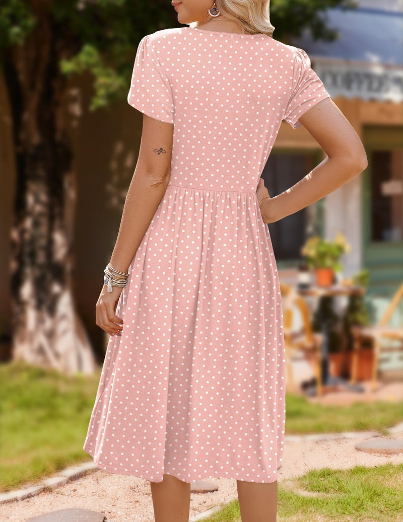 HOTOUCH Women's Summer Casual Short Sleeve Aline Midi Dress Pink Floral Beach Sundress with Pockets Loose Flowy Swing Tshirt Dresses Vocation Travel - Image 5