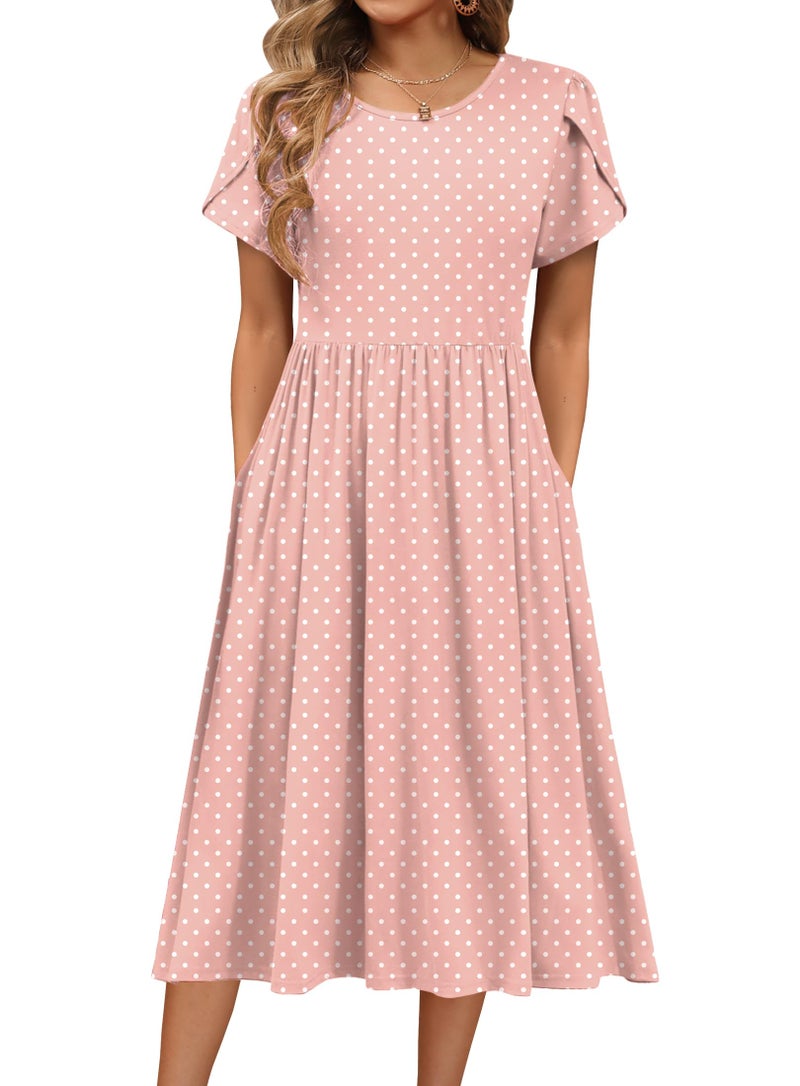 HOTOUCH Women's Summer Casual Short Sleeve Aline Midi Dress Pink Floral Beach Sundress with Pockets Loose Flowy Swing Tshirt Dresses Vocation Travel - Image 1