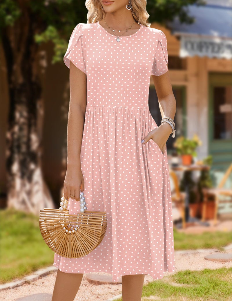 HOTOUCH Women's Summer Casual Short Sleeve Aline Midi Dress Pink Floral Beach Sundress with Pockets Loose Flowy Swing Tshirt Dresses Vocation Travel - Image 3